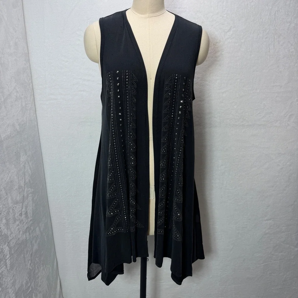 VOCAL USA Black Embellished Sleeveless Vest Rhinestone Sheer Back Medium - Picture 2 of 11